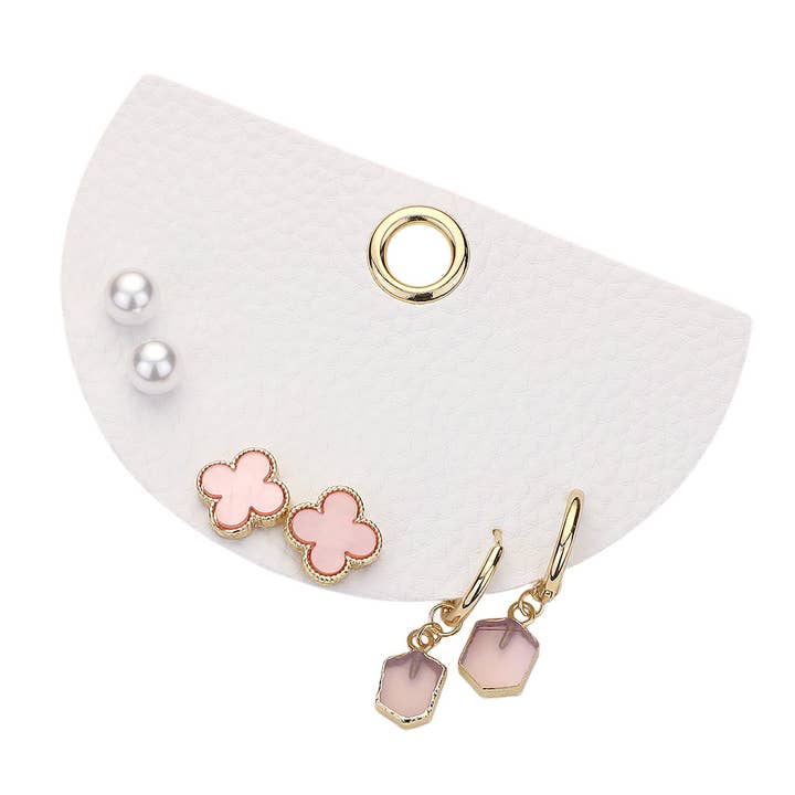 Sensibling Corp. - Wholesale Jewelry Set - 3Pairs - Quatrefoil Pearl Stud Natural Stone Dangle Earrings