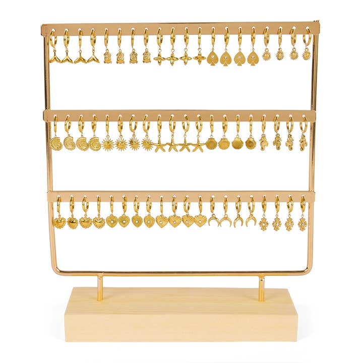 Display of 30 steel hoop earrings love theme for wholesale by By Sookay