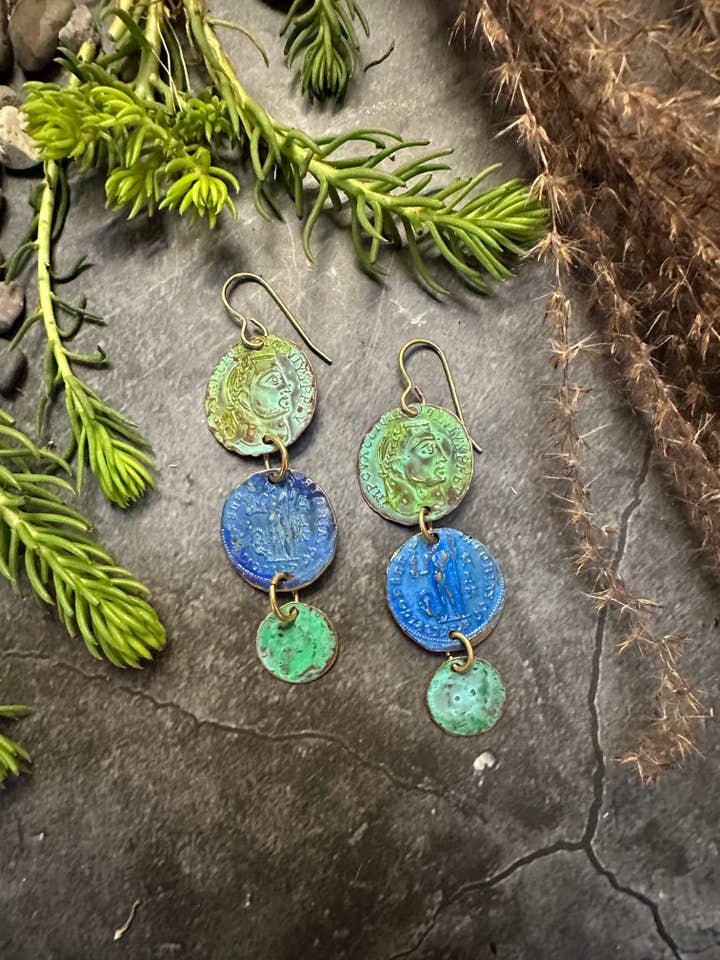 Ancient Coin Earrings- Patina Handmade Solid Beaten Brass for wholesale by The Sunstone on Main
