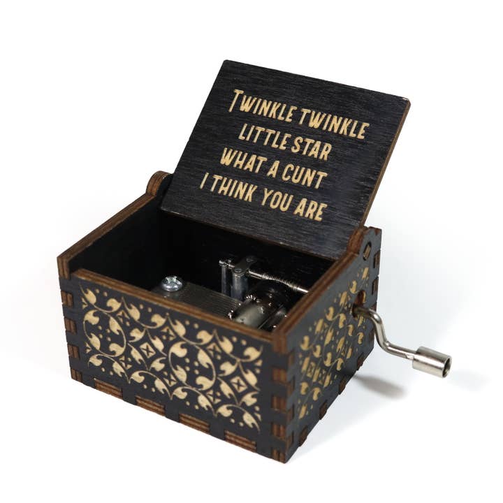 Funny Twinkle Twinkle Hand-Crank Music Box - Wooden Lasered for wholesale by Bad Betty Greeting Co.