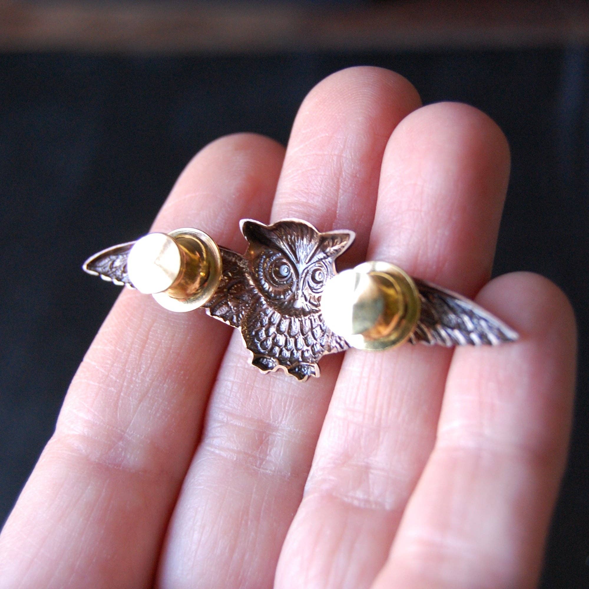 Metal Cloth & Wood - Wholesale Brooch - Golden Horned Owl Brooch Pin in Bright & Antiqued Finishes1