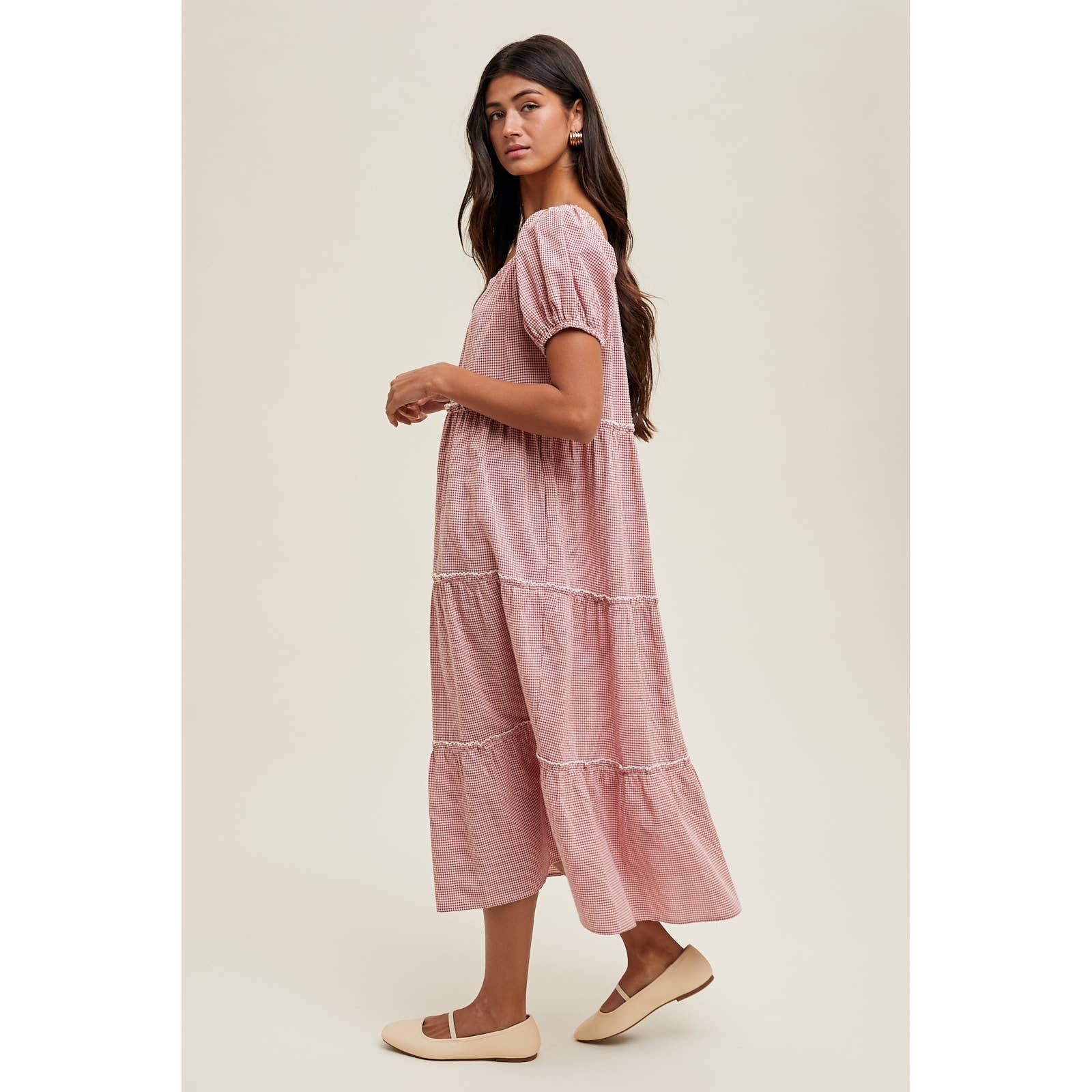 RED WHITE GINGHAM TIERED MIDI DRESS / WL25-10653RL for wholesale on Faire1