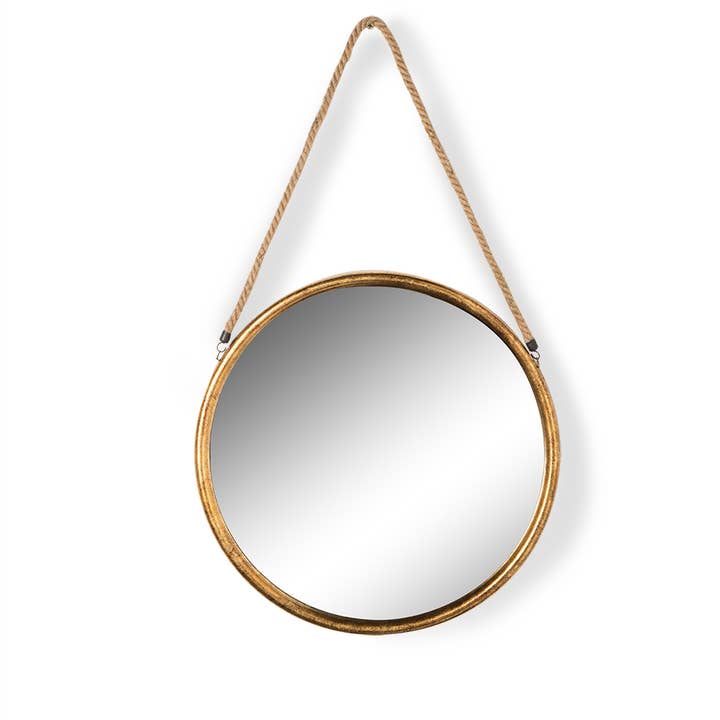 Espejo redondo pequeño de metal dorado con cuerda colgante con gancho para venta al por mayor de McGowan & Rutherford Ltd