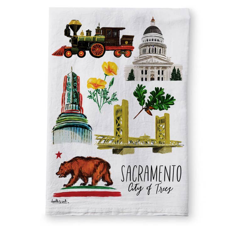 Sacramento Collage Tea Towel for wholesale by doodles.ink.
