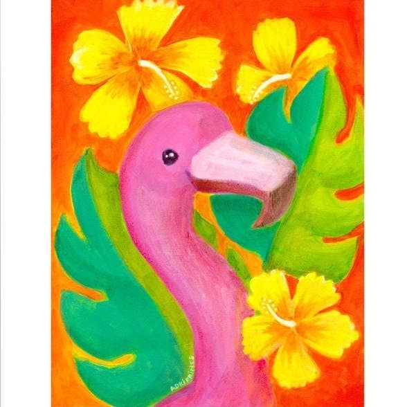 Pink Flamingo and Hibiscus Art Print, 11x14" for wholesale by Adriprints