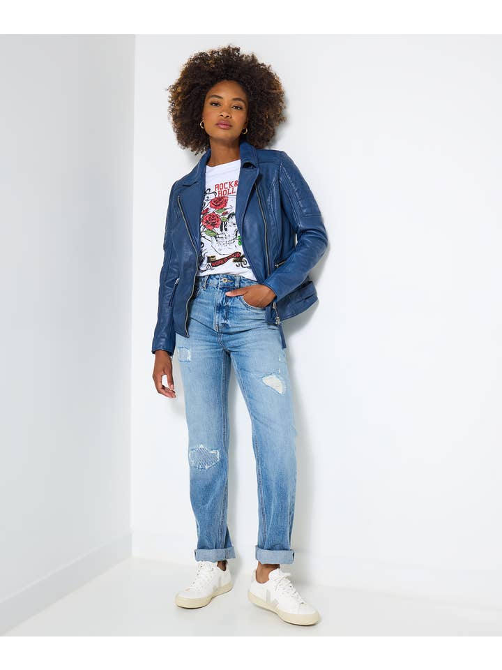 Azul Casaco de Cabedal Azul Rubi com Gola de Motociclista para venda a revendedores na Faire3