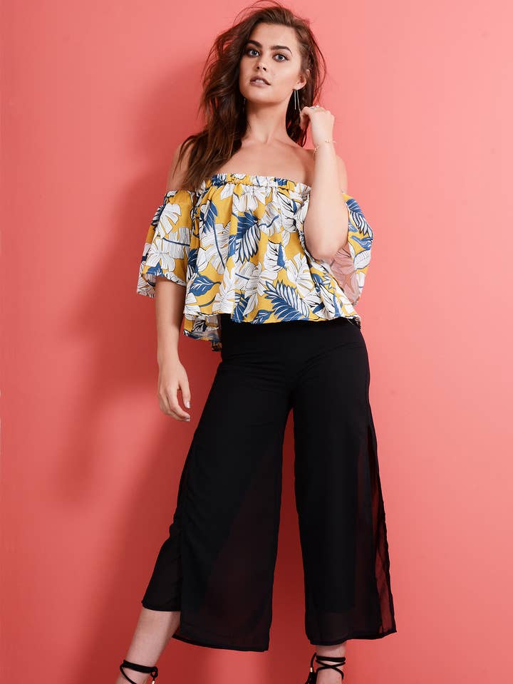 Lovemystyle Black High Waist Culottes With Chiffon Overlay for wholesale by LoveMyStyle