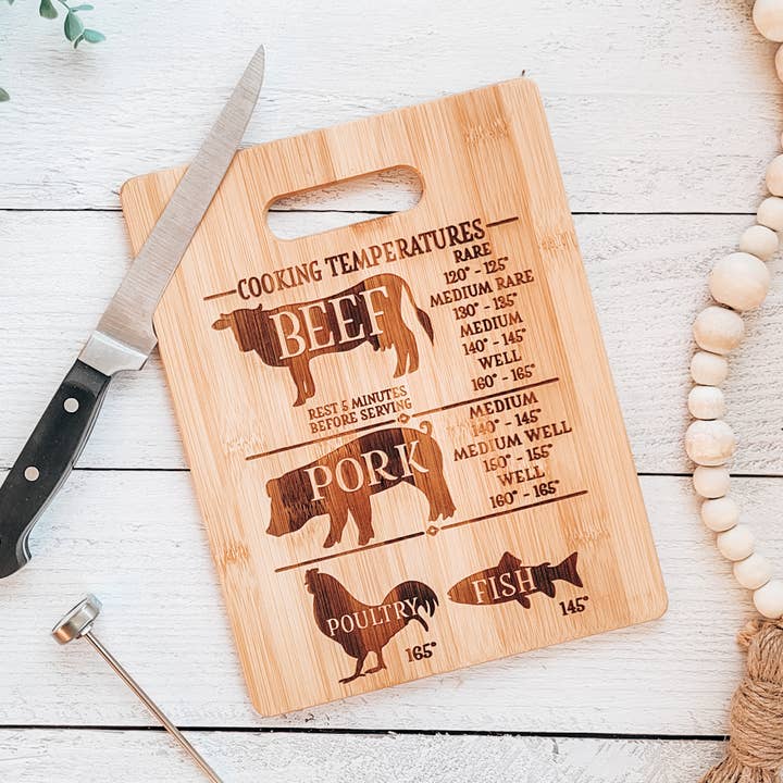 Meat Cooking Temperatures Engraved Cutting Board for wholesale by The Purple Chickadee