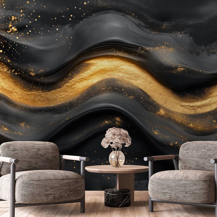 Papier peint adhésif marbre noir, fresque en pierre à veines dorées pour la vente par SimurgWallArts