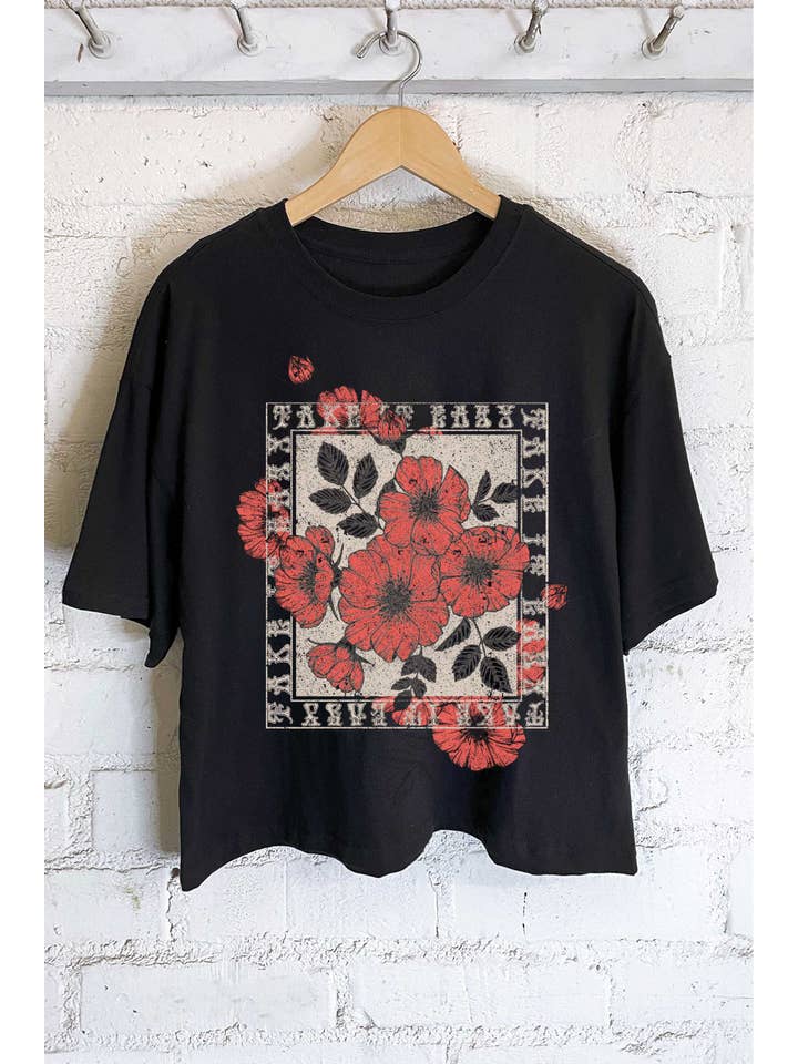 Rustee Clothing - Wholesale Screen Printed T-Shirt - Women's - TAKE IT EASY VINTAGE FLOWER GRAPHIC LONG CROP TOP