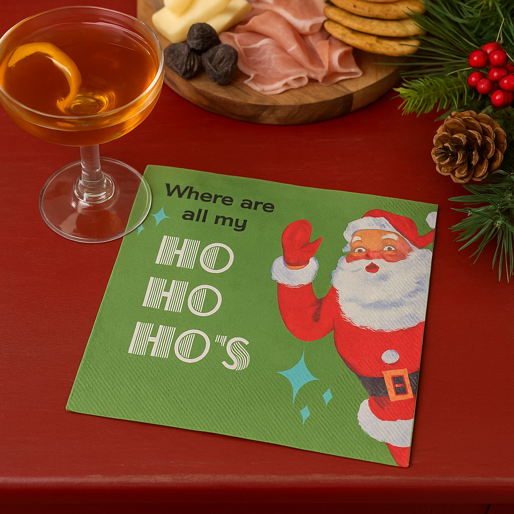 Mod Lounge Paper Company - Wholesale Disposable Napkin - Funny Retro Santa Ho's Xmas Holiday Cocktail Beverage Napkin2