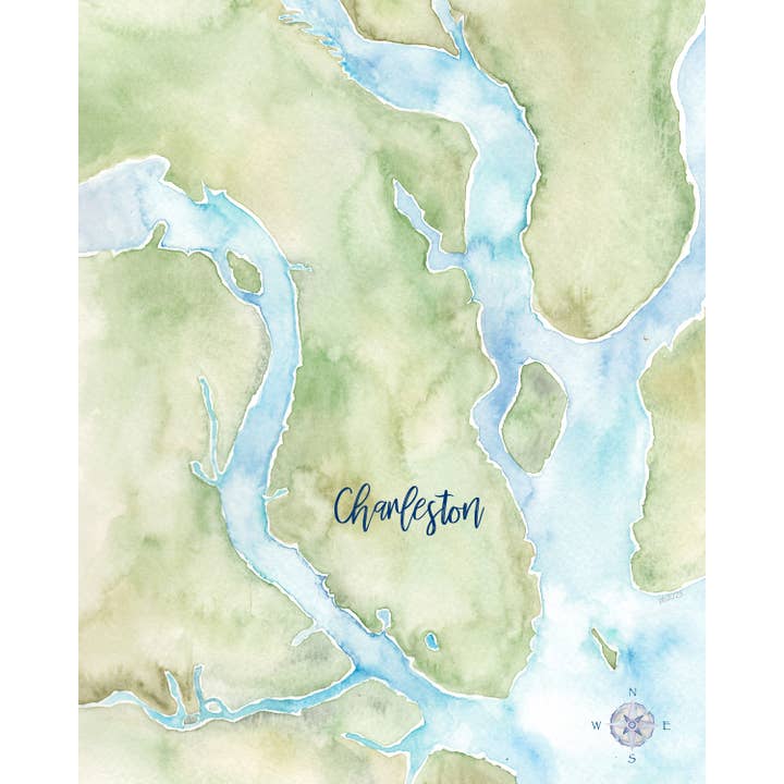 Charleston SC Hand-Painted Watercolor Map - Art Print for wholesale by Molly Joseph Fine Art