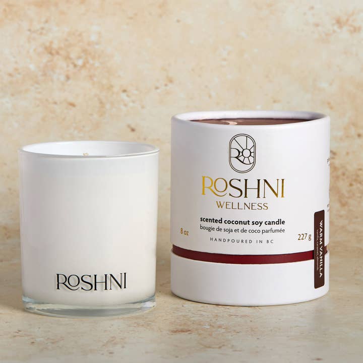 Vela Warm Vanilla - Vela de vainilla con caramelo, coco y soja, 8.0 oz para venta al por mayor de Roshni Wellness