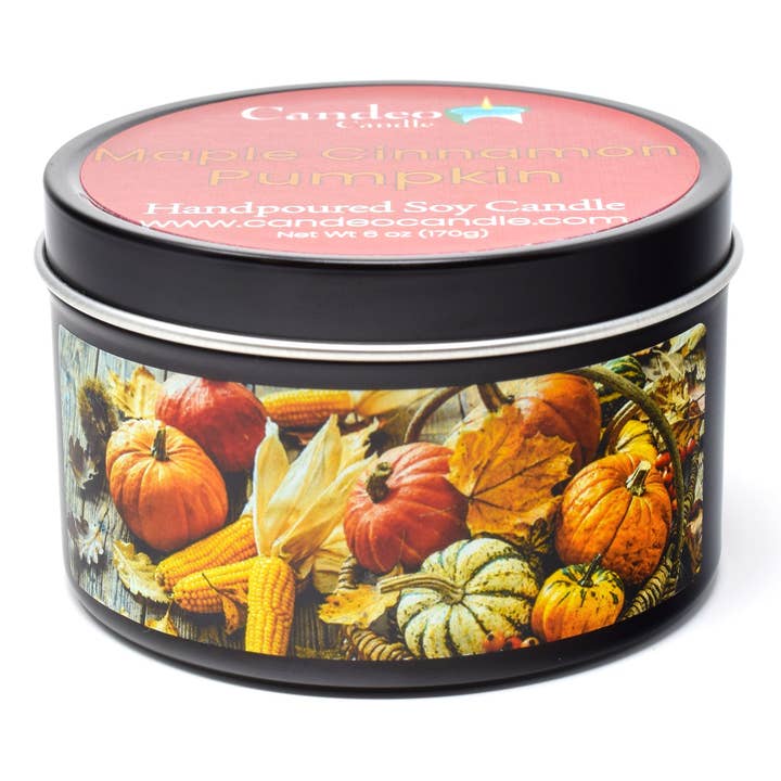 Maple Cinnamon Pumpkin, 6oz Soy Candle Tin for wholesale by Candeo Candle
