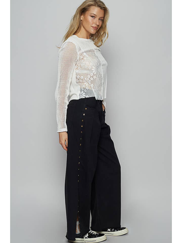 Pol Clothing - Wholesale Jeans - Women's - Solid stud detail twill wide woven pants9