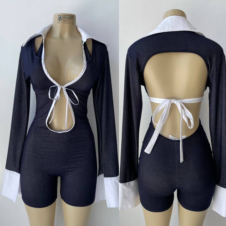 Barboteuse en tricot Tuxedo en jean pour la vente par FashionBaeClothing