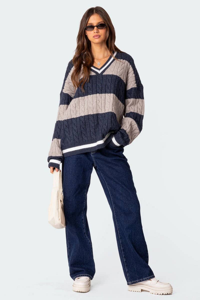 NINEXIS - Wholesale Knit Sweater - Women's - CWOSWL08090_V NECK STRIPED COLORBLOCK KNIT SWEATER10