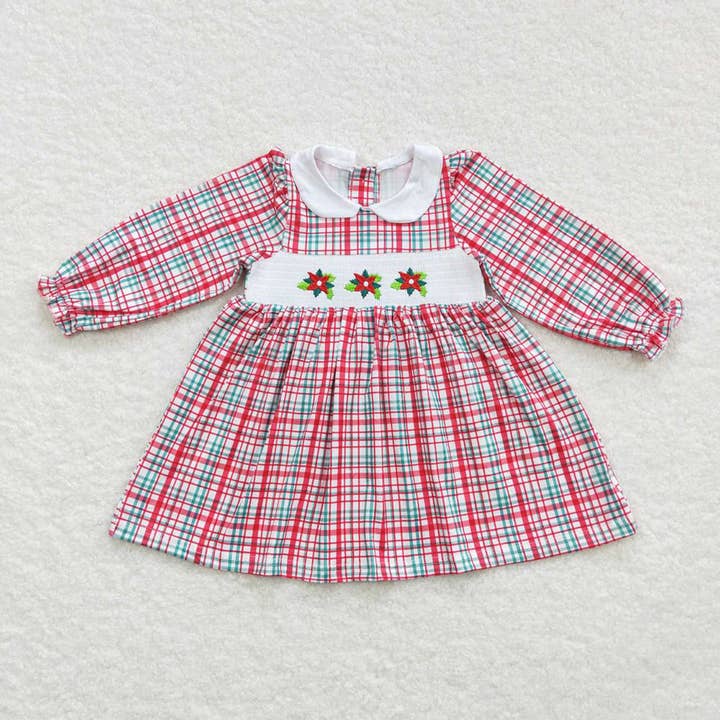Baby Girls Christmas Leaves Holly Smocked Plaid Dresses for wholesale by Aier Wholesale