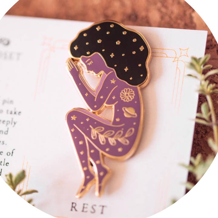 GODDESS OF REST ENAMEL PIN, PURPLE AND GOLD for wholesale by CLEOMAGICK