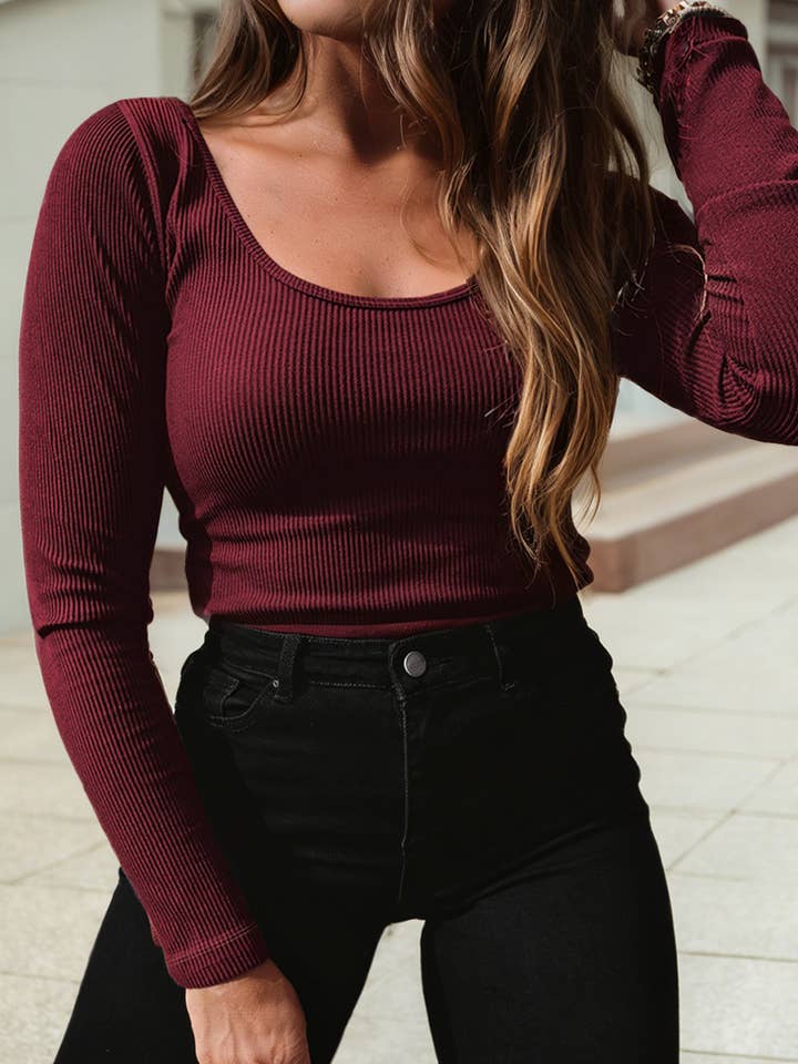 Ribbed Solid Color U Neck Cropped Long Sleeve Top for wholesale by 1 the Woman