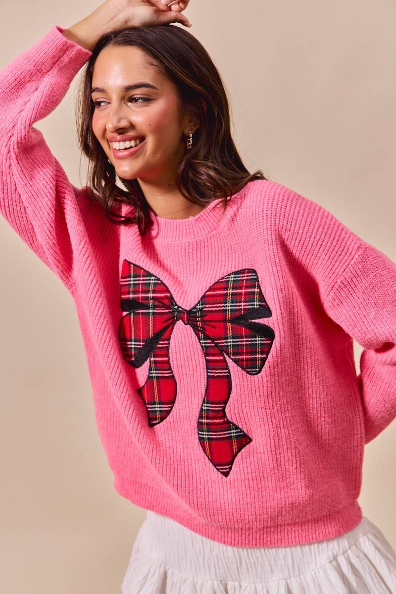 IVE - Wholesale Knit Sweater - Women's - Checker Plaid Ribbon Christmas Holiday Sweater Top12