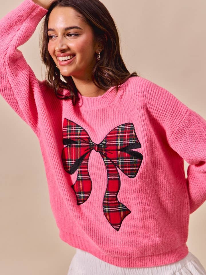 IVE - Wholesale Knit Sweater - Women's - Checker Plaid Ribbon Christmas Holiday Sweater Top12
