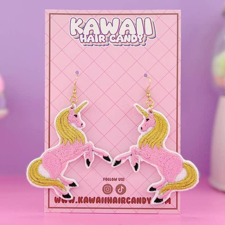 Kawaii Hair Candy - Wholesale Dangle Earrings - Gold & Pink Unicorn Earrings 1