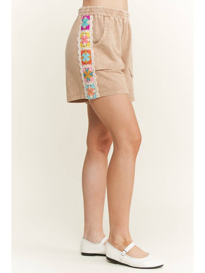 J.Her - Wholesale Shorts - Women's - Mineral Washed Crochet patch side trim Knit Shorts HP648721
