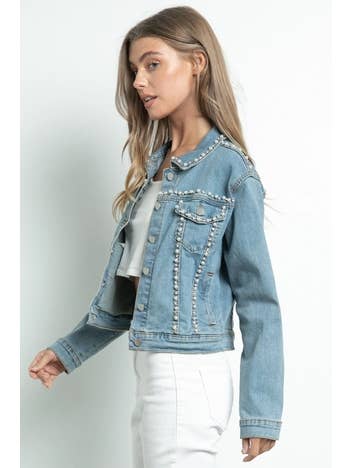 IJ2129 Pearl & Rhinestone Button Down Denim Jacket for wholesale on Faire2