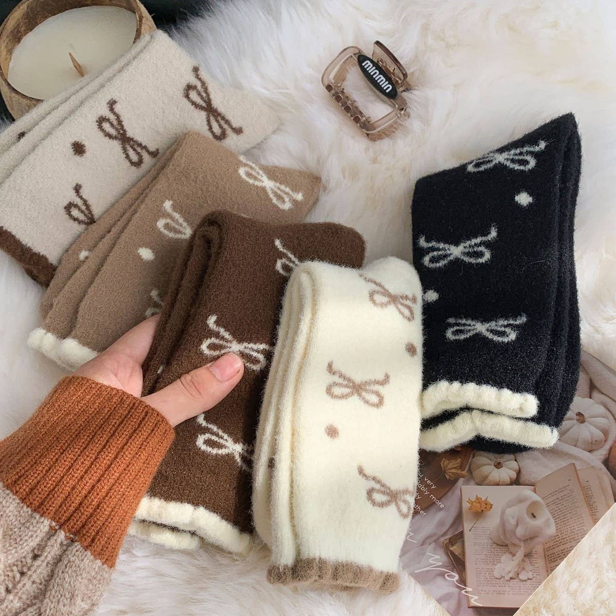 ACCITY - Wholesale Socks - Women's - Bow Polka Dot Socks Women Winter Plush Warm_CWMS028697