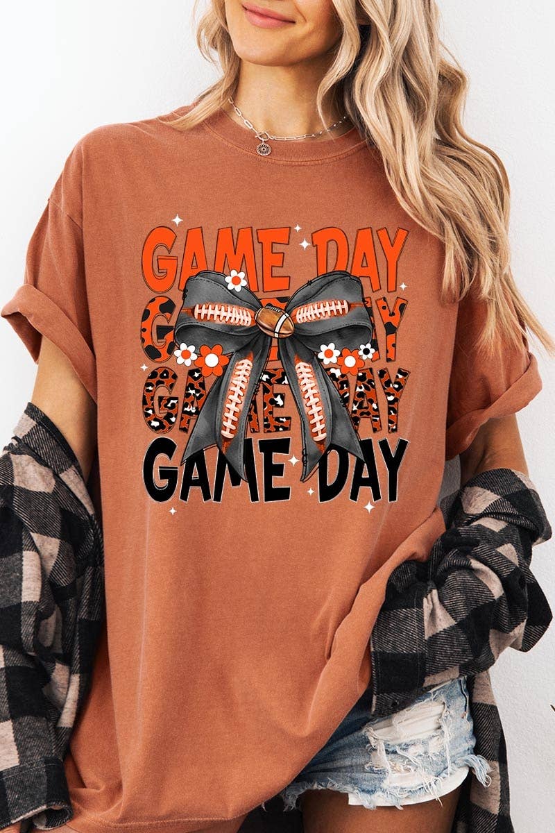 Pink Irene Wholesale – wholesale Tröjor – Dam – Orange Black Football GameDay Bow Plaggfärgad T-shirt9