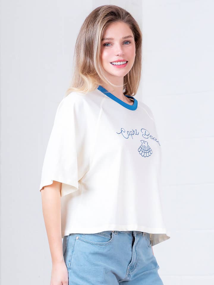 KOFFIEMELK HT28686T-KORTE RAGLANMOUW RONDE HALS SHELL-BORDUURTOP voor groothandel op Faire2