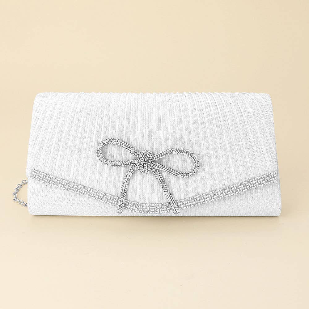 Sensibling Corp. - Wholesale Clutch Bag - Women's - Rhinestone Studded Bow Accent Pleated Evening Crossbody Clutch Bag4