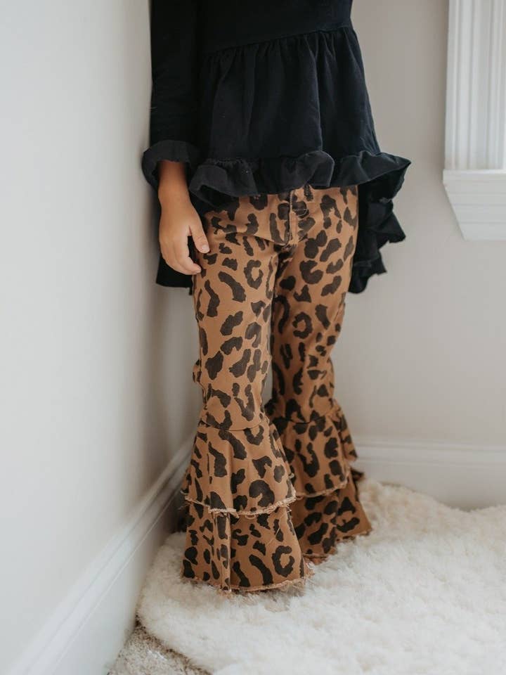 Kids Leopard Double Denim Ruffle Pant Jeans for wholesale by Oopsie Daisy