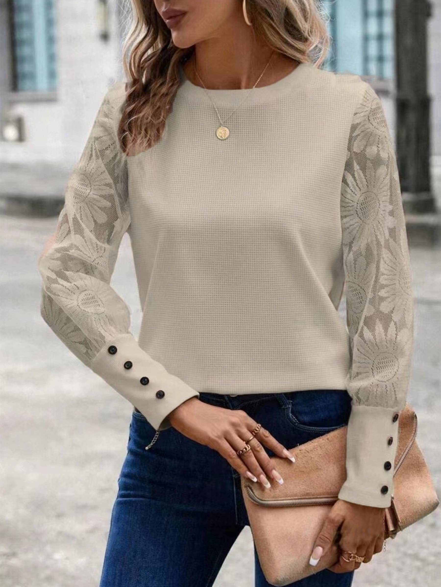 Wholesalesir - Wholesale Blouse - Women's - Waffle Button Patchwork Lace Top1