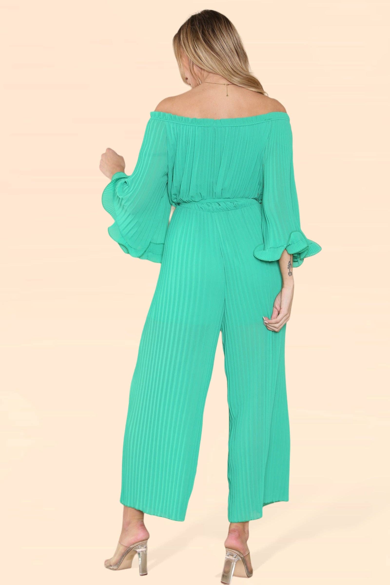 WHITE Sofia Bardot Pleated Frill Jumpsuit for wholesale on Faire17