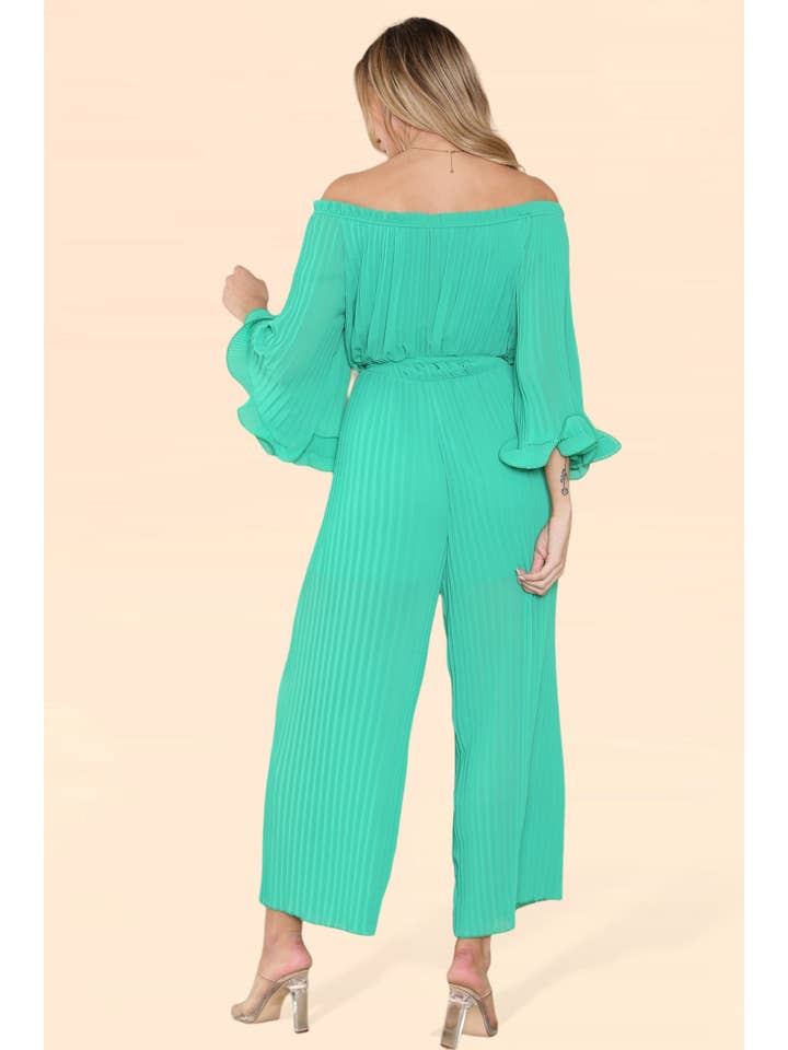 WHITE Sofia Bardot Pleated Frill Jumpsuit for wholesale on Faire17