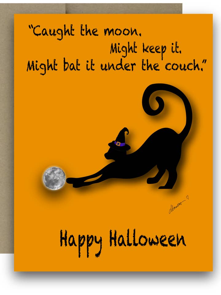 Cartão de Gato Divertido para o Halloween – Cartão de Cumprimentos A2 com Gato Preto, Lua Cheia e Chapéu de Bruxa – “Apanhou a Lua” – Cartão de Halloween Peculiar por atacado de Color Crumbs Club