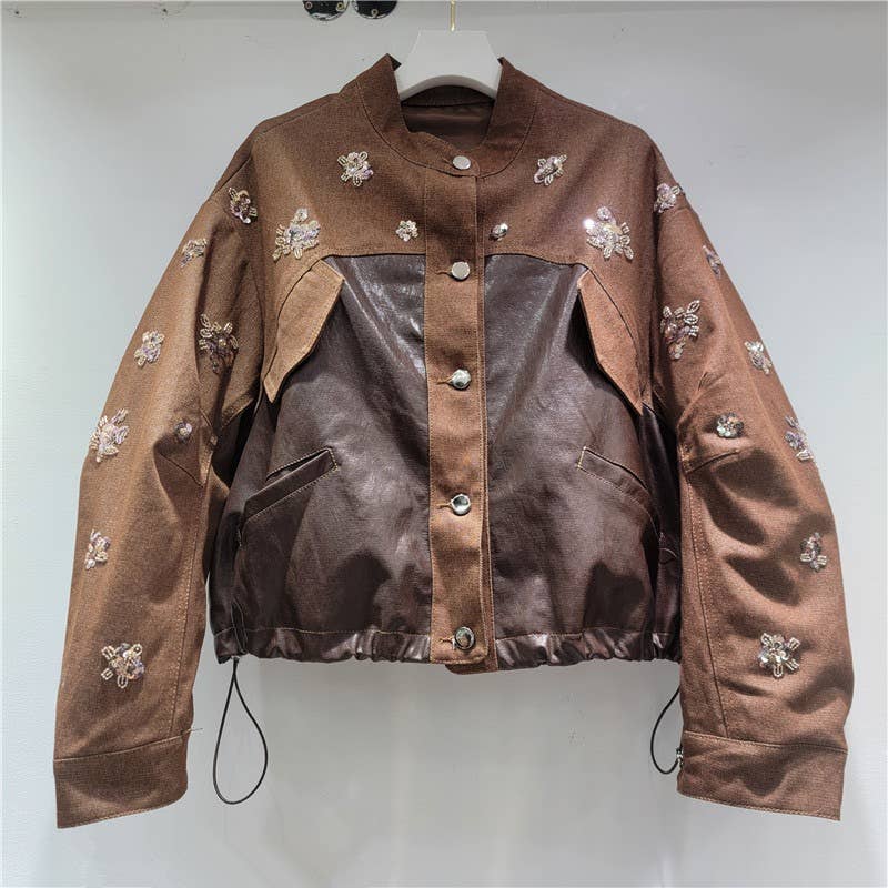 Farbe als Bilder JK182 Handgefertigte Jeansjacke aus PU-Leder mit Perlen und Pailletten für den Großhandel auf Faire0