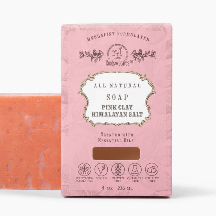 Organic Vegan "Pink Clay + Himalayan Salt" Bar Soap for wholesale by Roots And Leaves