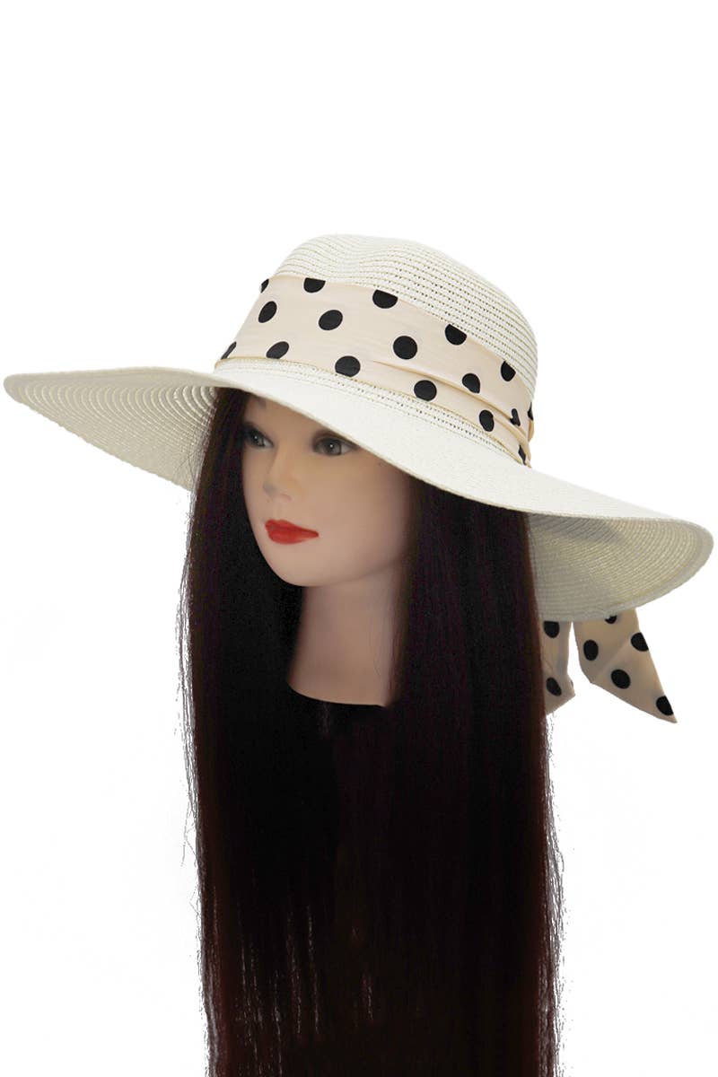 Cap Zone - Wholesale Straw Hat - Women's - Polka Dot Ribbon Tight Weave Straw Floppy Sun Hat4