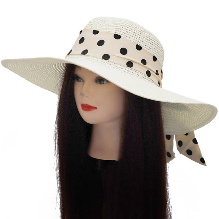 Cap Zone - Wholesale Straw Hat - Women's - Polka Dot Ribbon Tight Weave Straw Floppy Sun Hat4
