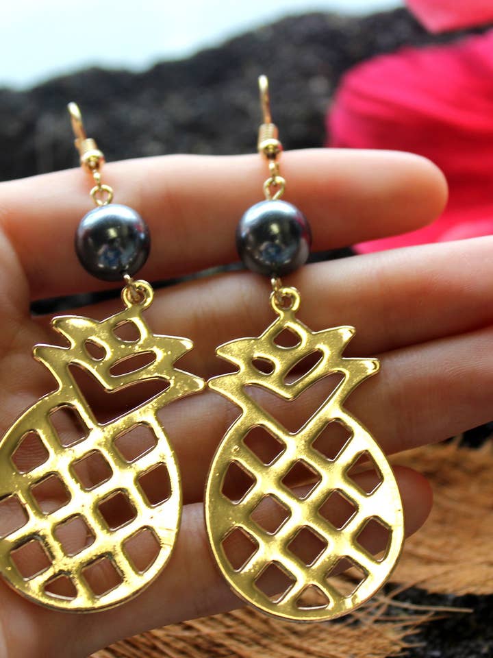 Large Pineapple: Hamilton Gold Earring with Shell Pearls for wholesale by Anela's Jewelry