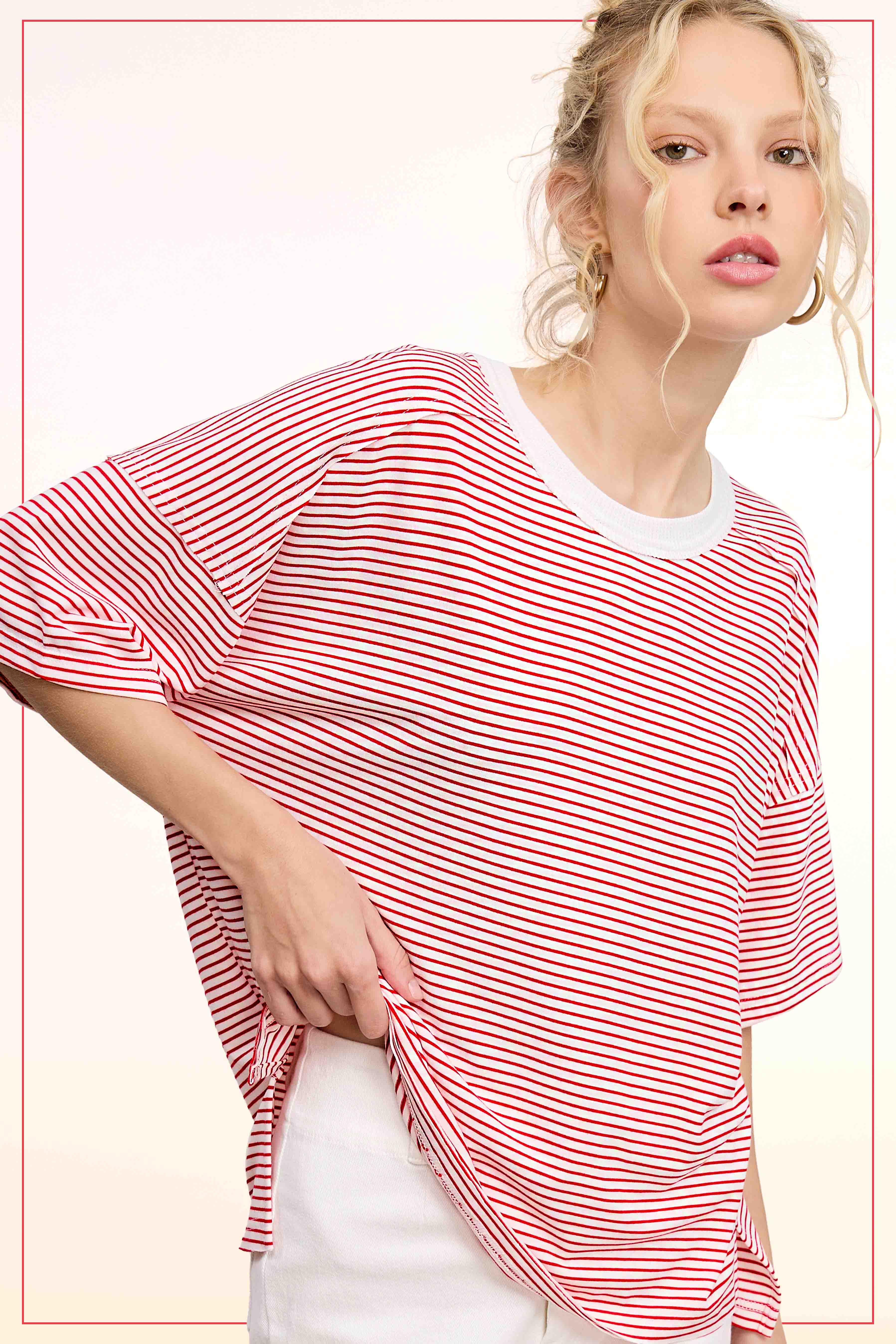 La Miel - Wholesale T-Shirt - Women's - HDT7703-Basic Striped Drop Shoulder Short Sleeves Top5