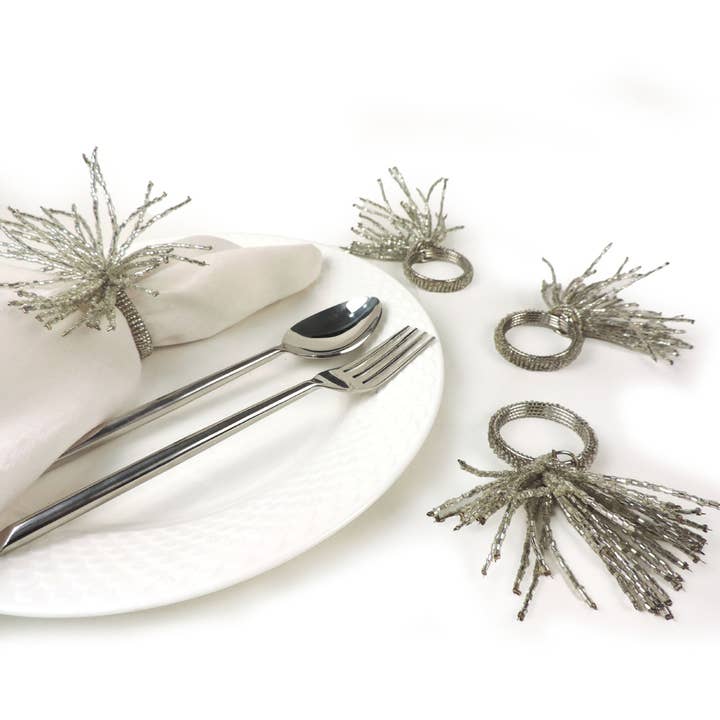 Silver Tasseled Glass Bead Napkin Ring in Silver, Set of 4 for wholesale on Faire3