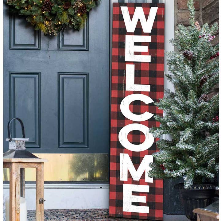 12x48 Welcome Red Buffalo Print Leaner Sign for wholesale by Kindred Hearts