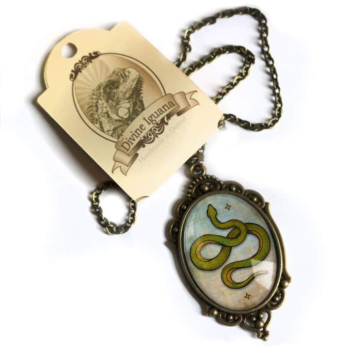 The Divine Iguana - Wholesale Pendant/Charm Necklace - Coiled Snake Ornate Oval Halloween Pendant Necklace