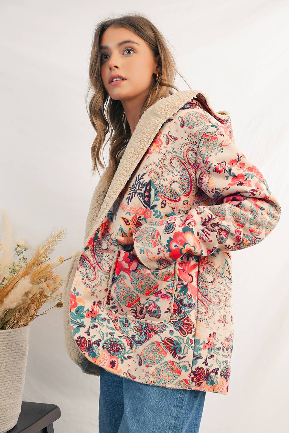 As shown Paisley Floral Print Sherpa Lined Hooded Jacket | S-XL for wholesale on Faire5