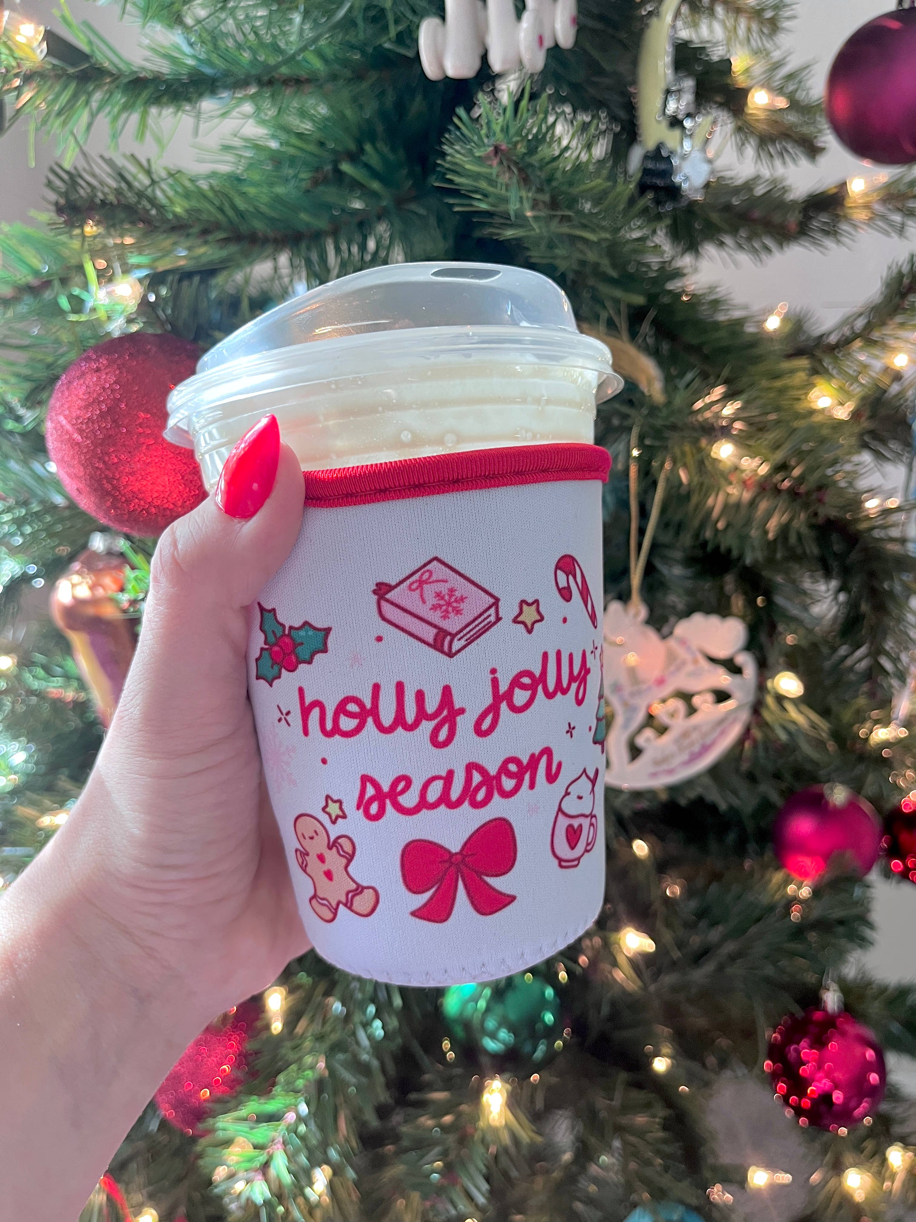 Illie Millie Designs - Wholesale Drink Huggers & Koozies - Holly Jolly Season Coffee Sleeve- 16oz Drink Koozie