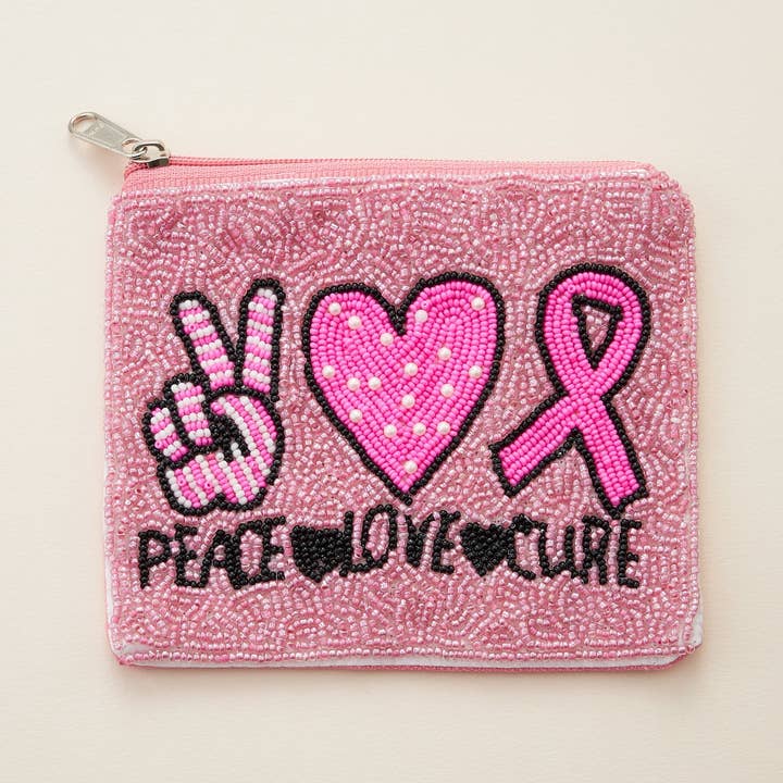 Multi PEACE LOVE CURE Pink Ribbon Seed Bead Canvas Pouch for wholesale on Faire0